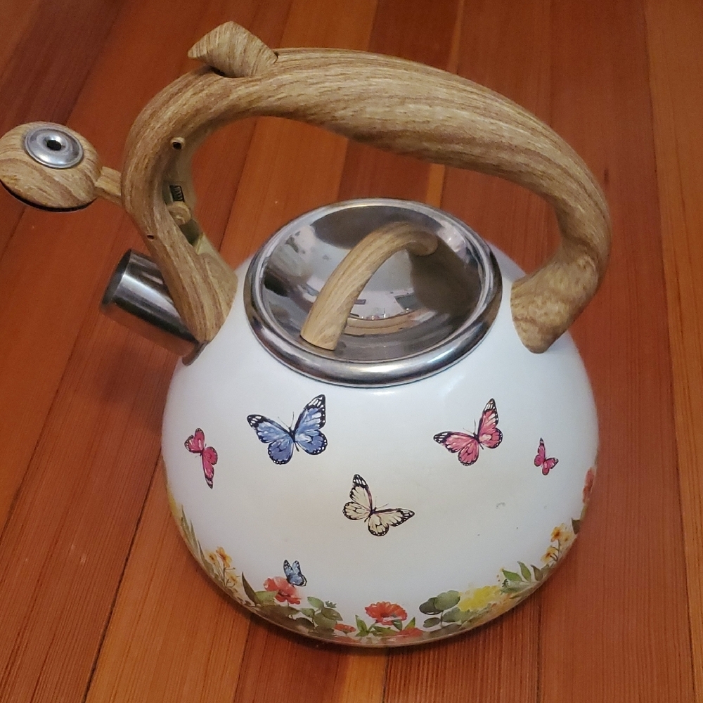 Floral Butterfly Teapot with Wooden Handle